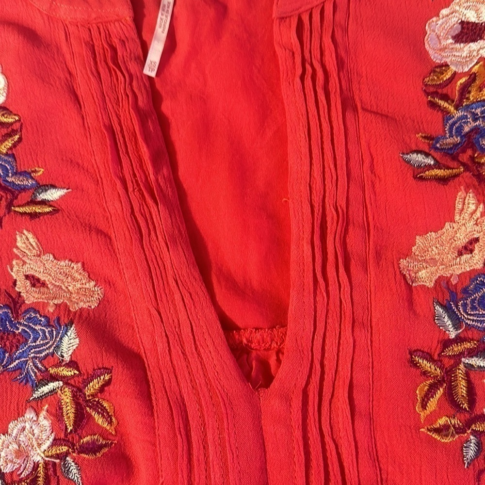 Free People Mia Boho Coral Floral Embroidered V Neck Long Sleeve Mini Dress - Picture 11 of 12